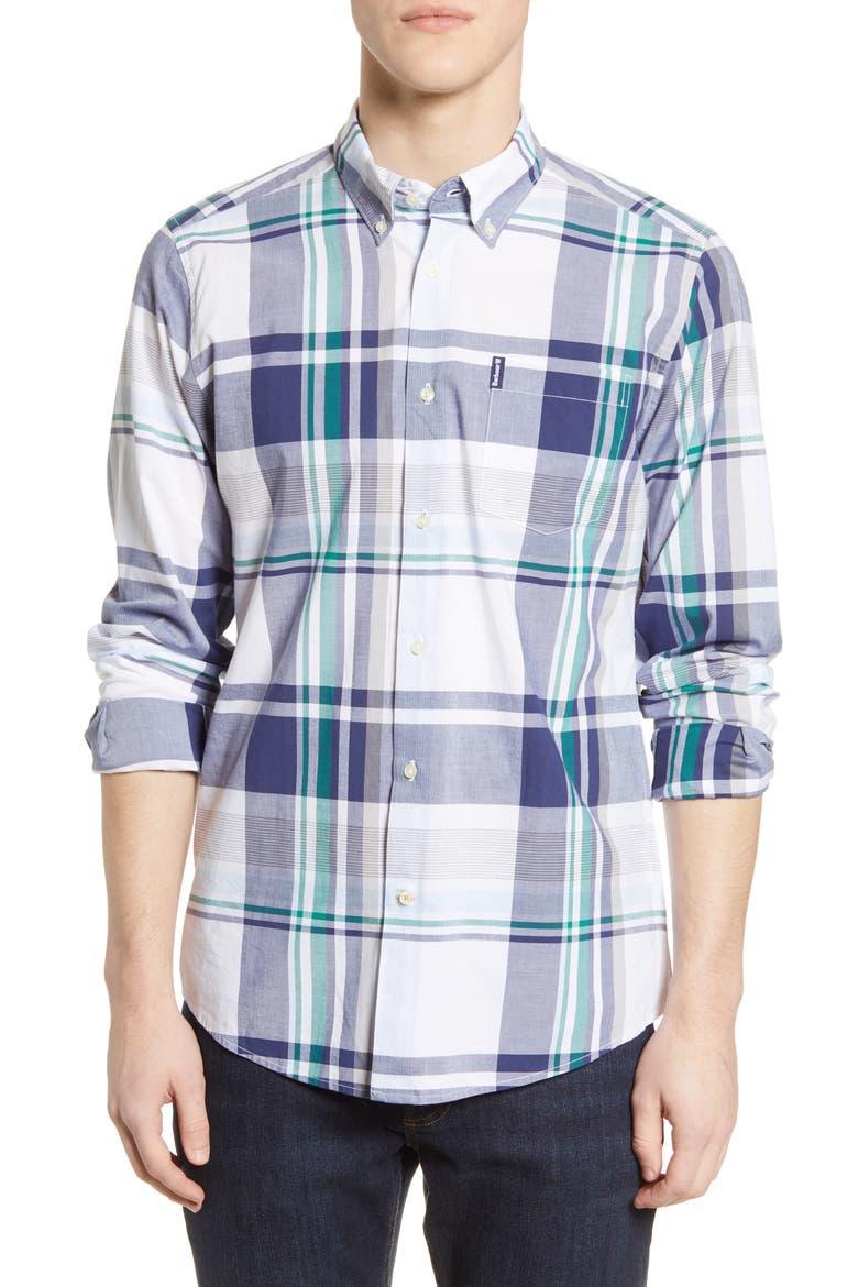 Madras 7 Tailored Fit Button-Down Shirt, Main, color, WHITE