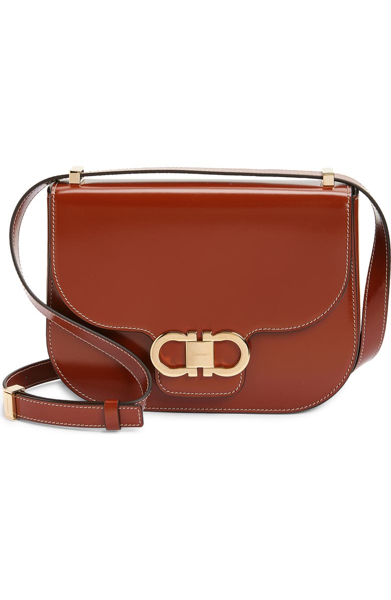 FERRAGAMO Double Gancio Leather Crossbody Bag, Main, color, Dark Cognac/ Testa Di Moro