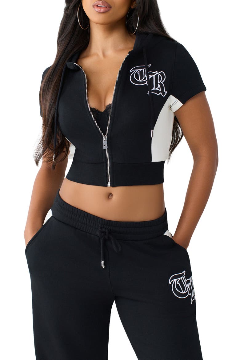 Paneled Short Sleeve Full Zip Hoodie, Main, color, JET BLACK