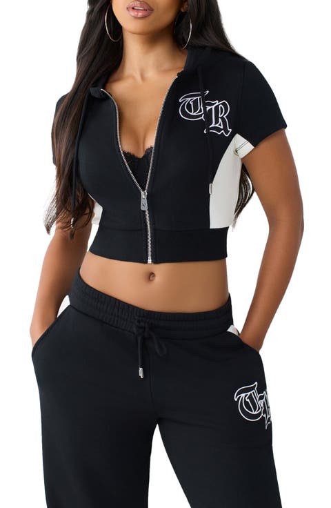 Paneled Short Sleeve Full Zip Hoodie