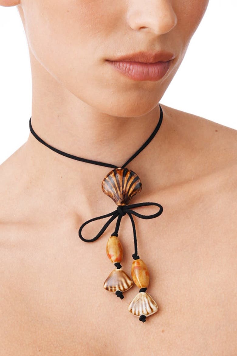 Suede Necklace With Ceramic Seashell Tie Charm, Alternate, color, Black