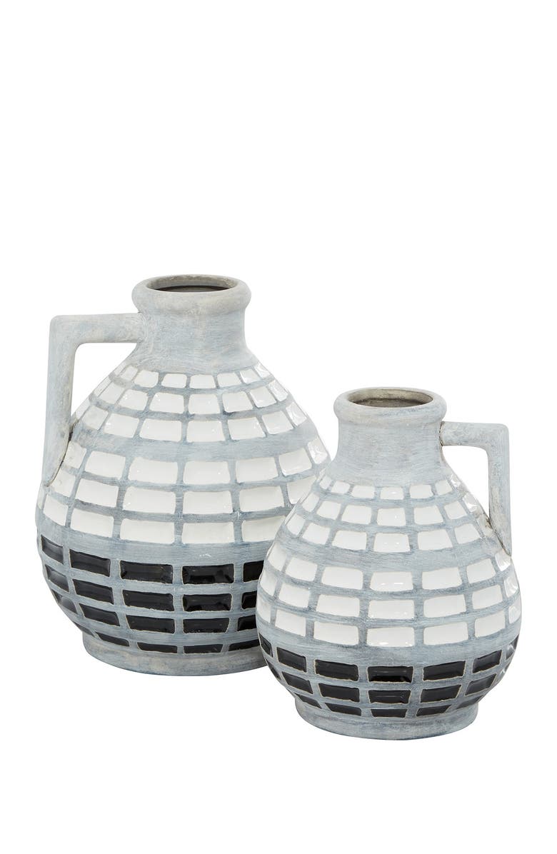 GINGER BIRCH STUDIO Gray Ceramic Handmade Vase with Grid Patterns - Set of 1, Main, color, Grey