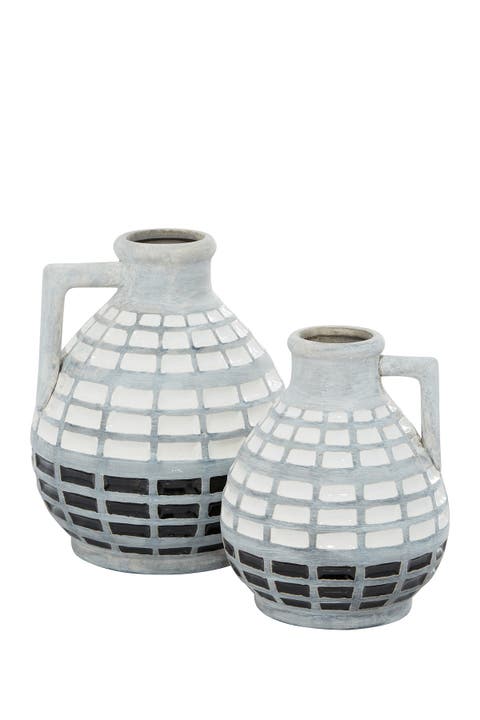 Gray Ceramic Handmade Vase with Grid Patterns - Set of 1