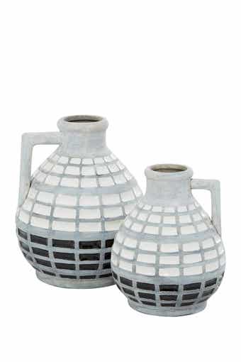 GINGER BIRCH STUDIO Gray Ceramic Handmade Vase with Grid Patterns - Set of 1