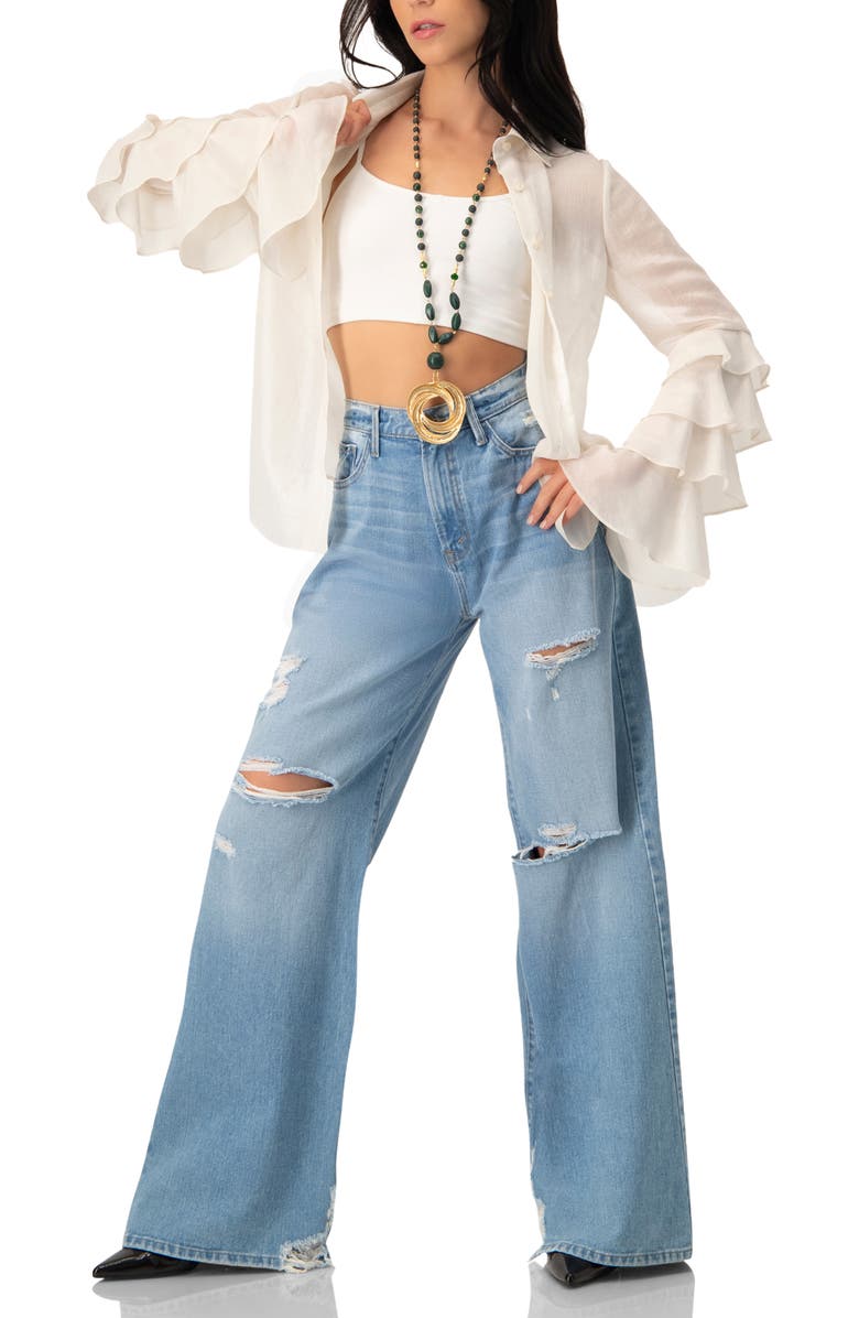 IVONNE Sheer Shirt with Tiered Ruffle Sleeves, Alternate, color, Natural