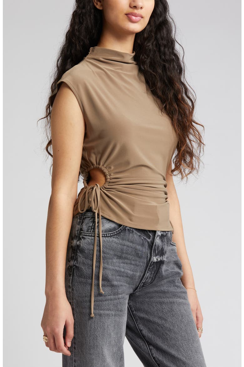 Ruched Cutout Mock Neck Top, Alternate, color, BROWN WALNUT
