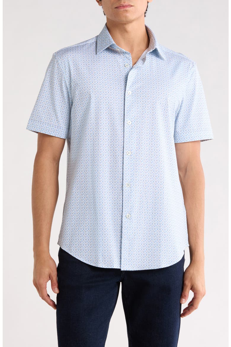 Abstract Print Stretch Cotton Short Sleeve Button-Up Shirt, Main, color, COBALT