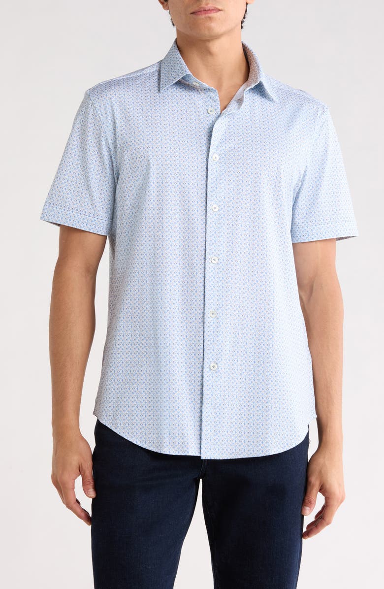 Bugatchi Abstract Print Stretch Cotton Short Sleeve Button-Up Shirt, Main, color, Cobalt