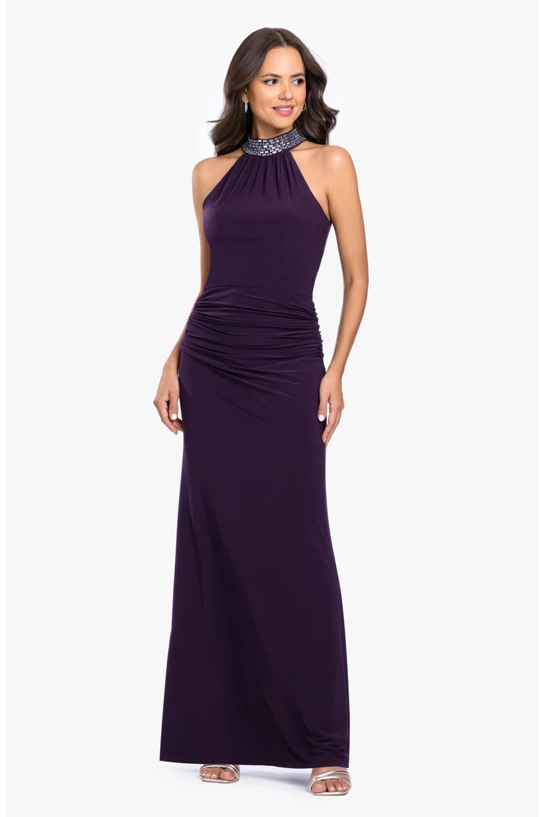 Beaded Mock Neck Column Gown, Alternate, color, PLUM/ SILVER
