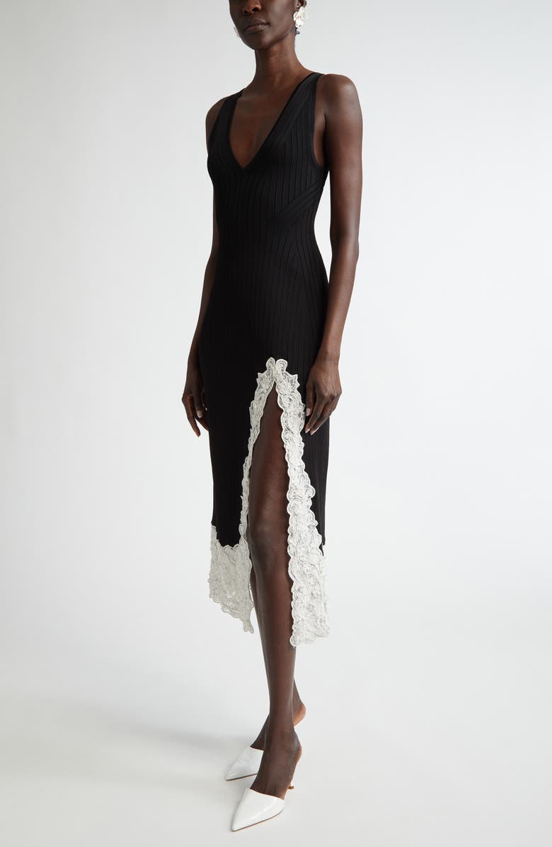 Carolina Herrera Floral Appliqué Trim Rib Midi Tank Dress, Alternate, color, 