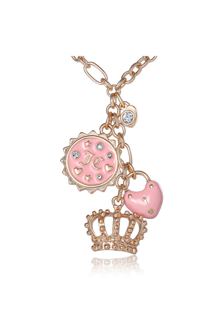 Gold-Tone Layered Charm Necklace with Pink Enamel Accents, Alternate, color, gold, pink