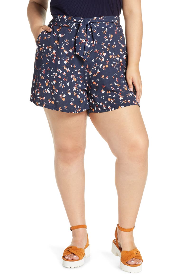 Floral Print Tie Waist Shorts, Main, color, NAVY INDIGO COTTON FLORAL