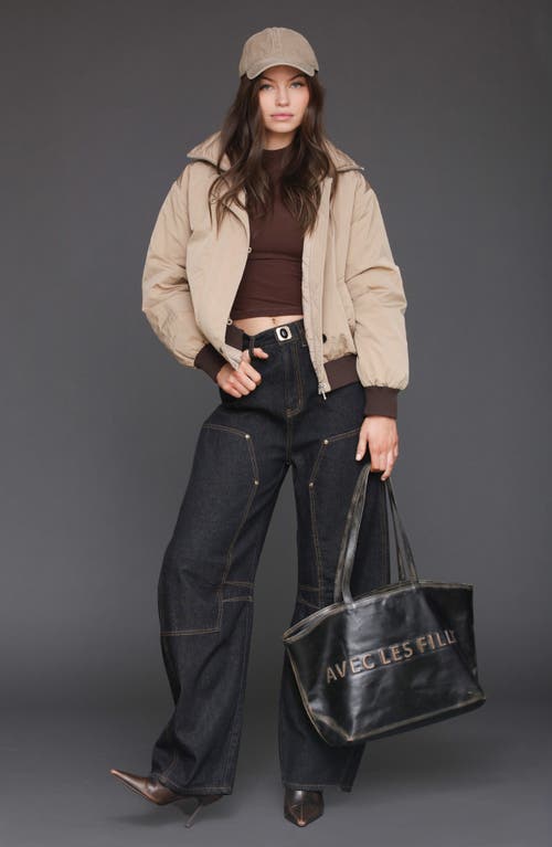 Avec Les Filles Padded High Neck Bomber Jacket In Brown