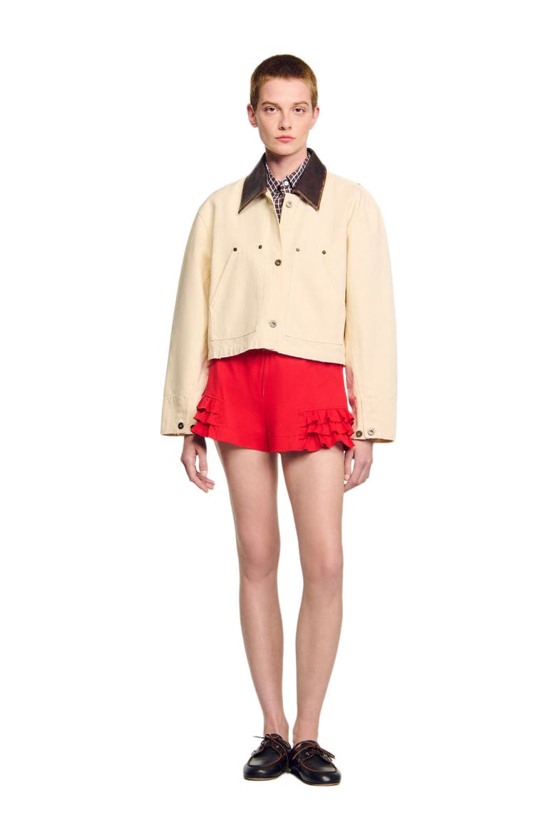 Leather collar workwear jacket, Main, color, Ecru
