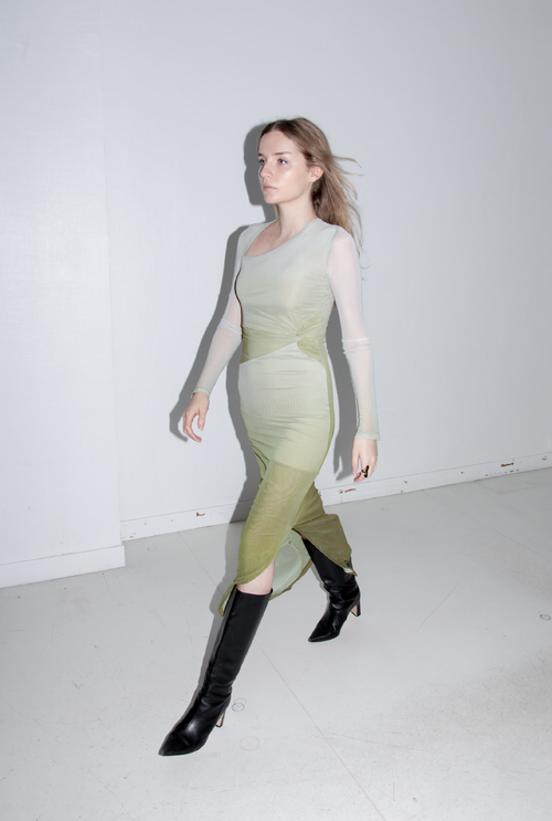 Saemdi Gradient Mesh Dress In Olive Green Gradient