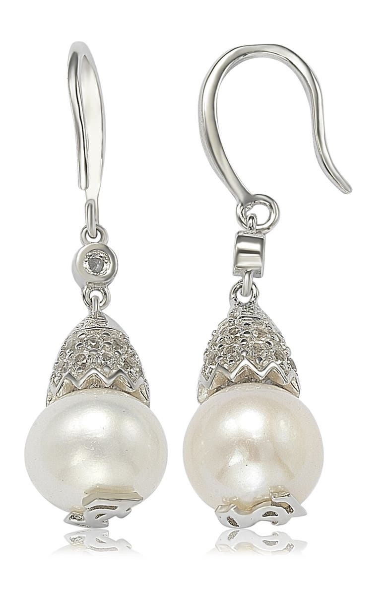 SUZY LEVIAN Sterling Silver 8mm Freshwater Pearl & Created Sapphire Earrings, Main, color, White