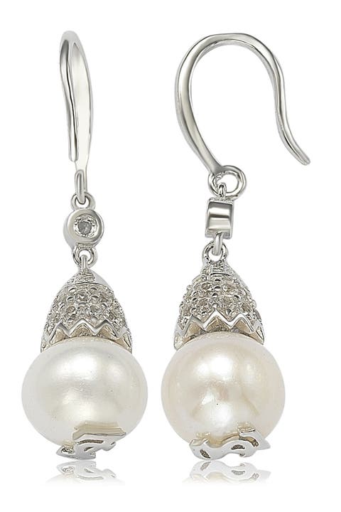 Sterling Silver 8mm Freshwater Pearl & Created Sapphire Earrings