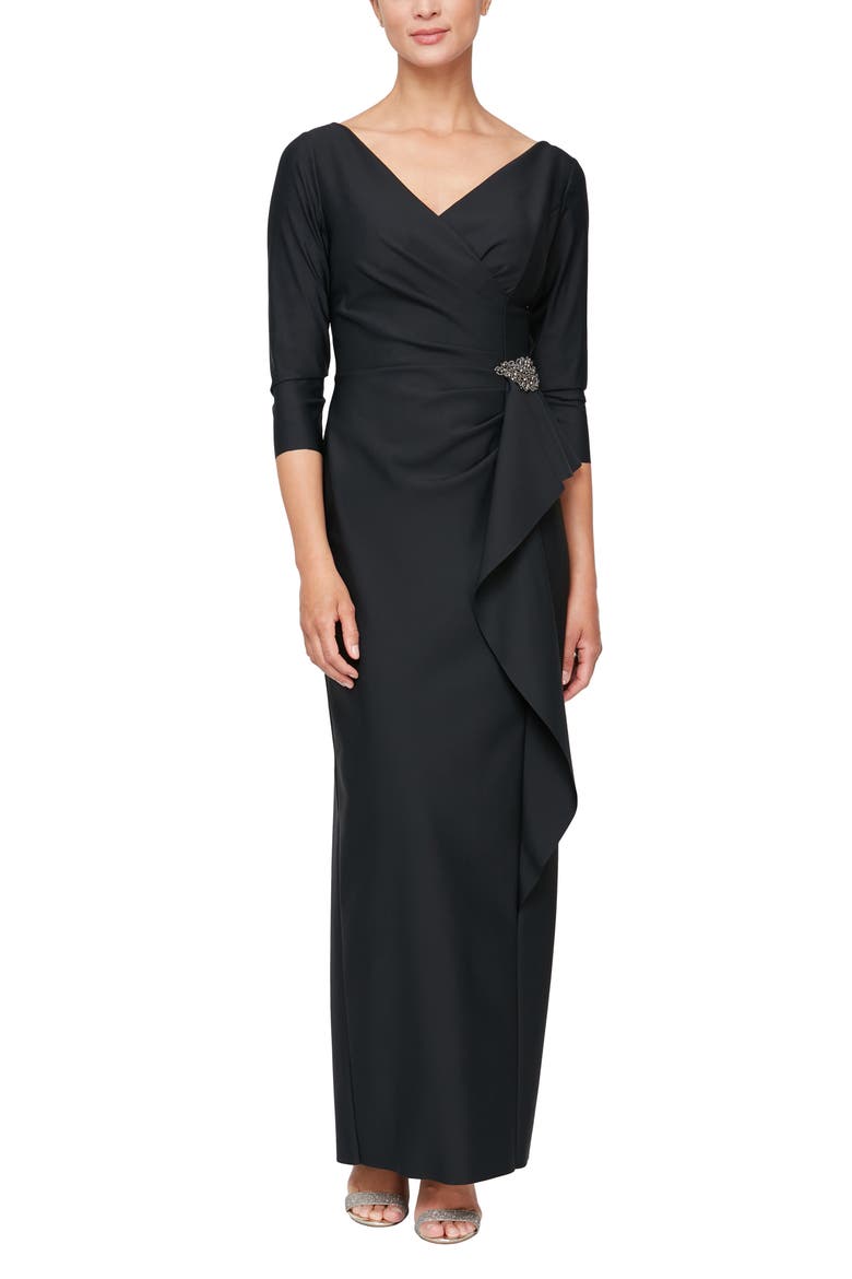 Ruched Column Gown, Main, color, BLACK