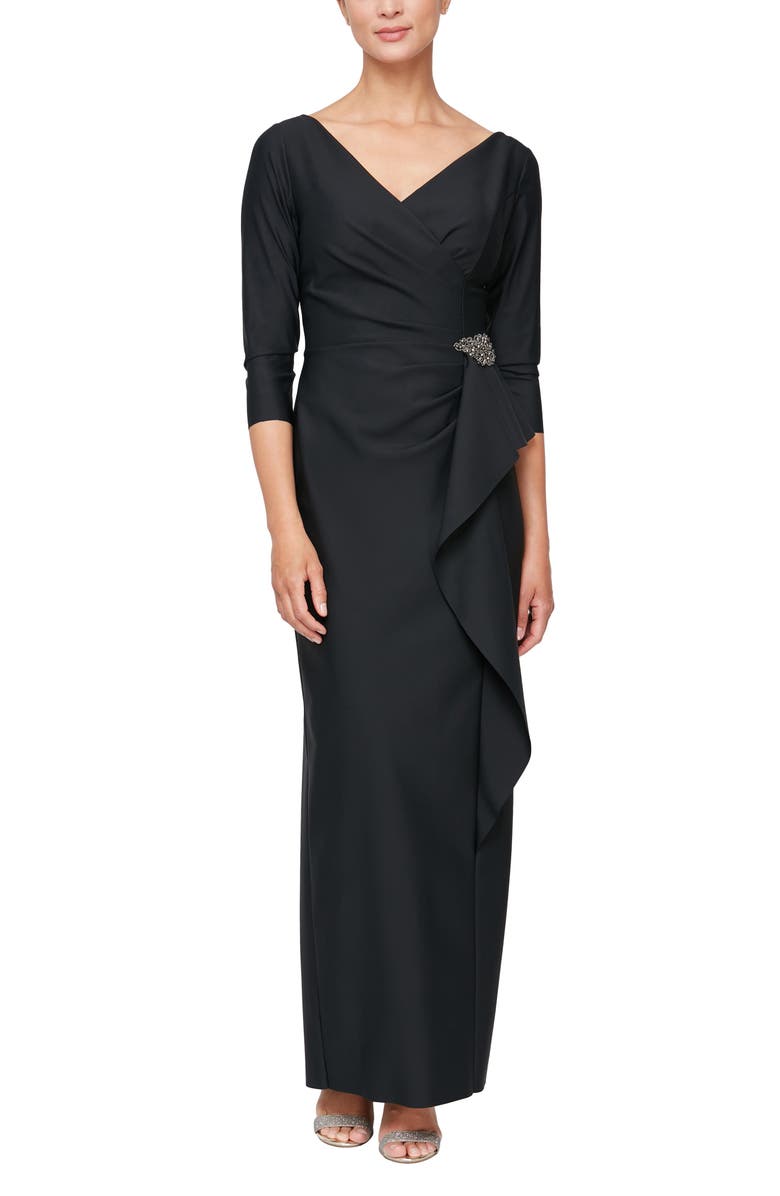 Alex Evenings Ruched Column Gown, Main, color, Black