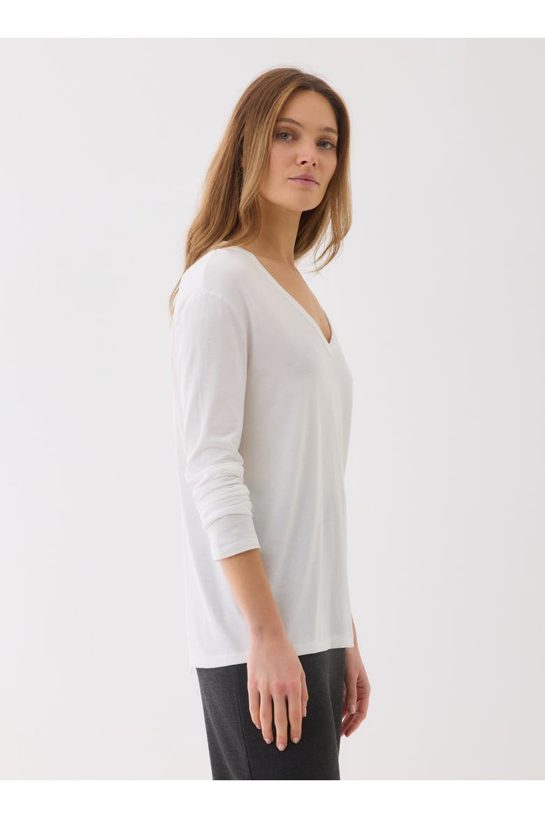 Lyocell Cotton Long Sleeve Semi Relaxed V-Neck, Alternate, color, BLANC