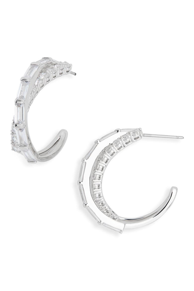 Cubic Zirconia Crossover Hoop Earrings, Main, color, RHODIUM