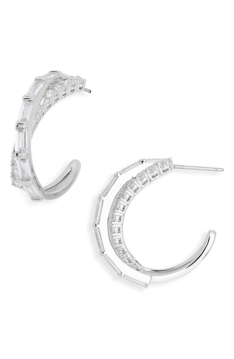 Nadri Cubic Zirconia Crossover Hoop Earrings, Main, color, Rhodium