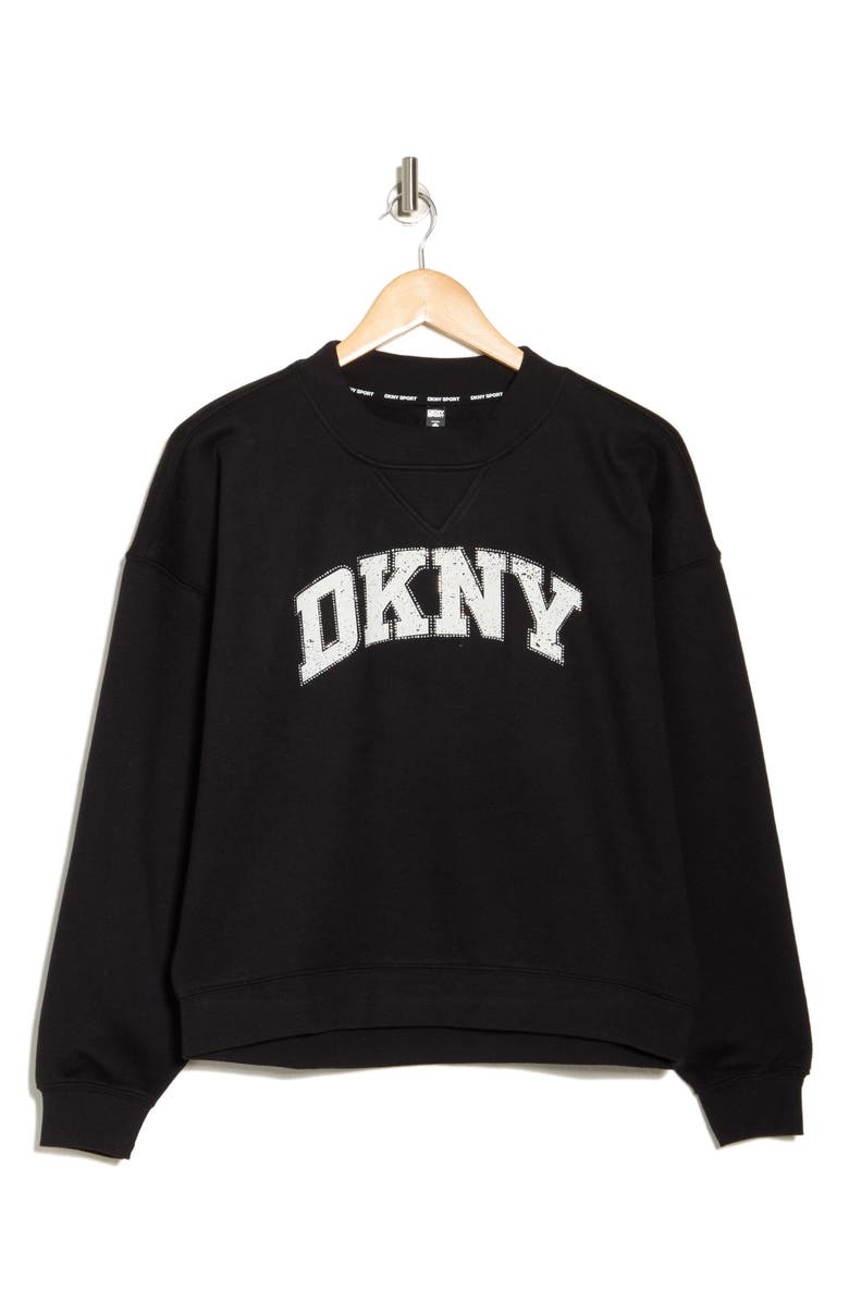 DKNY Arched Distressed Rhinestone Pullover Sweatshirt, Alternate, color,