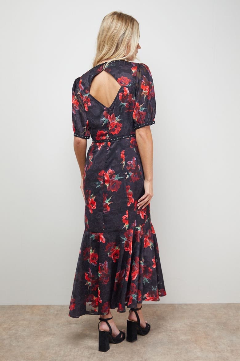 Floral Stud Trim Puff Sleeve Midi Dress, Alternate, color, Floral