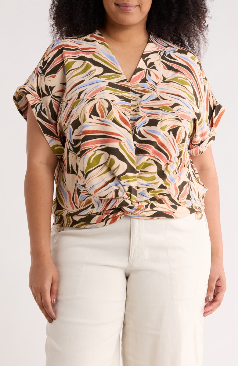 Adrianna Papell Short Sleeve Twisted Hem Top, Main, color, Water Color Leaf