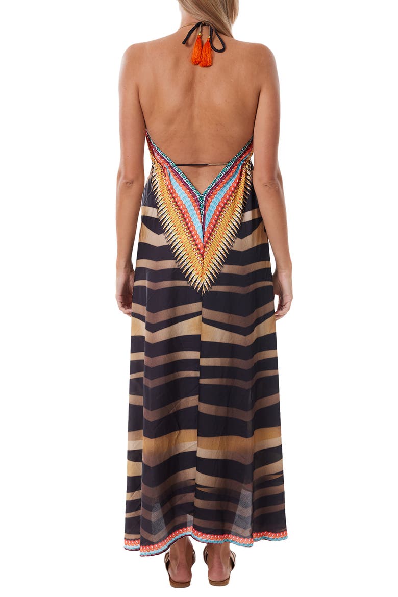 Halter Neck Stripe Print Dress, Alternate, color, BLACK