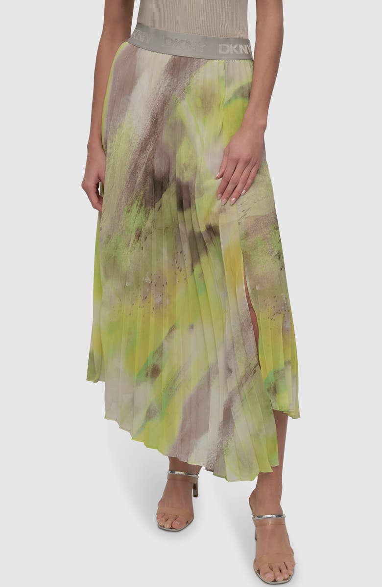 DKNY Print Pleated Asymmetric Midi Skirt, Main, color, Watercolor