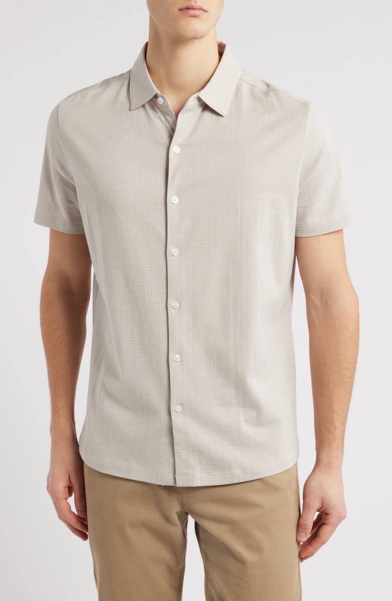 Robert Barakett Bunbury Check Short Sleeve Cotton Knit Button-Up Shirt, Main, color, Tan