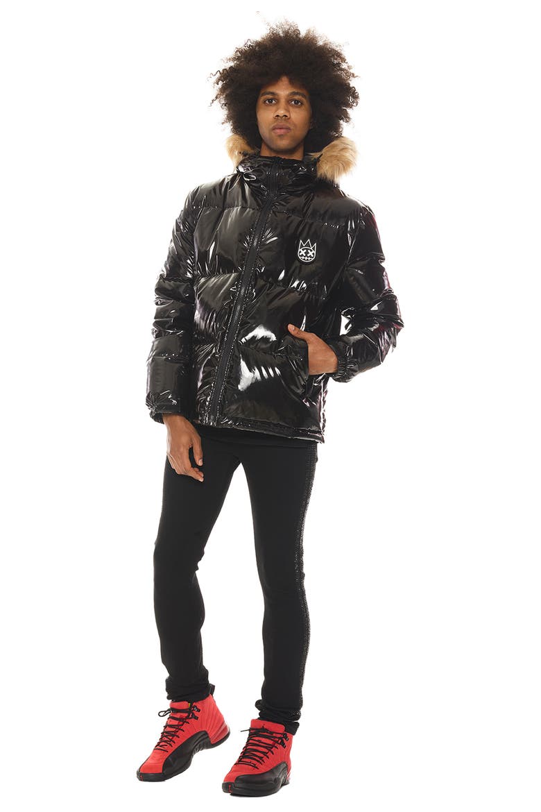 Down Puffer Jacket with Faux Fur Trim, Alternate, color, BLACK