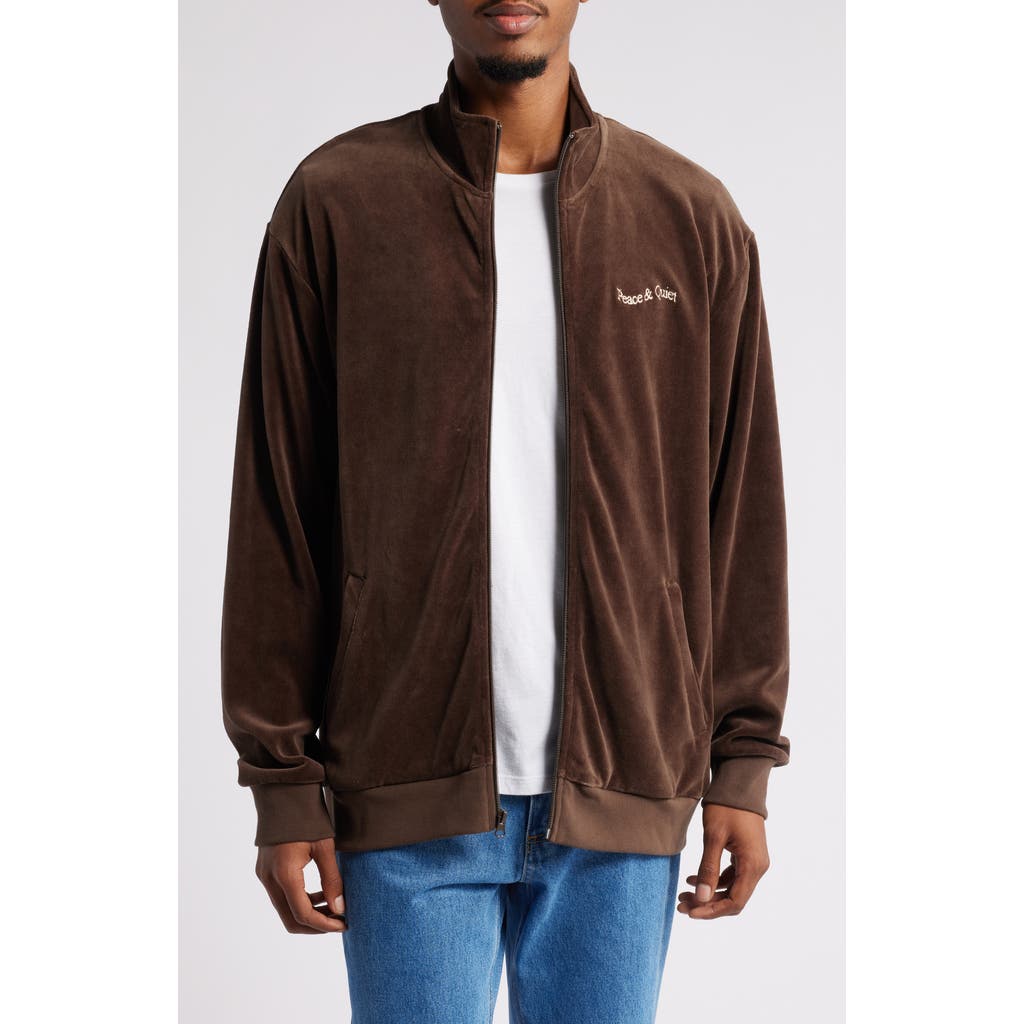 Museum of Peace & Quiet Wordmark Velour Zip Jacket in Brown