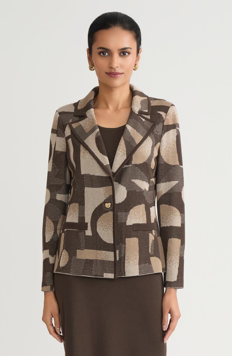 Ming Wang Tailored Geometric Jacquard Knit Blazer, Main, color, Warm Taupe/Dark Umber/Ivory