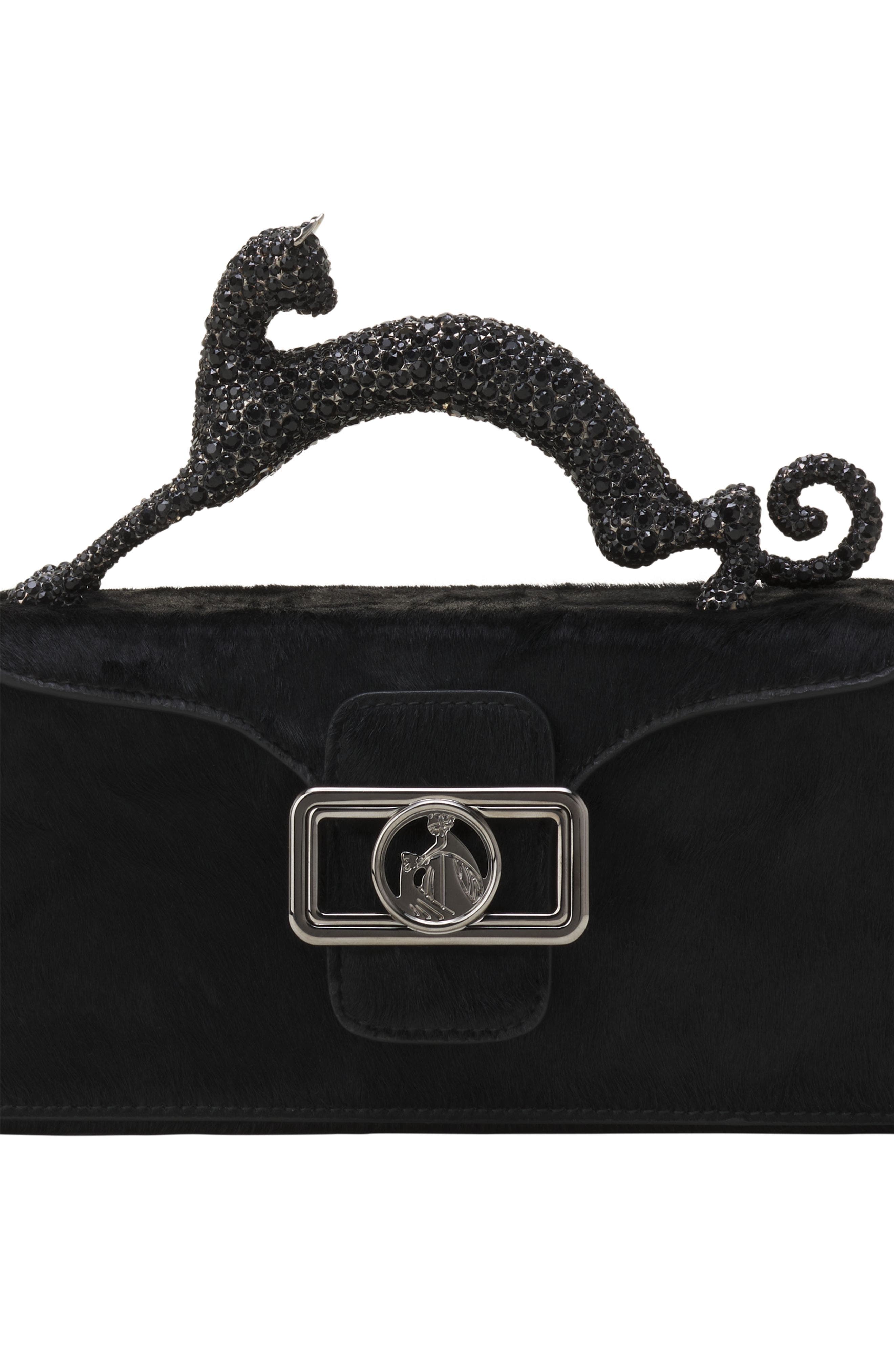Lanvin Pencil Cat Nano Leather Bag With Pony Effect And Rhinestones, Alternate, color, Black