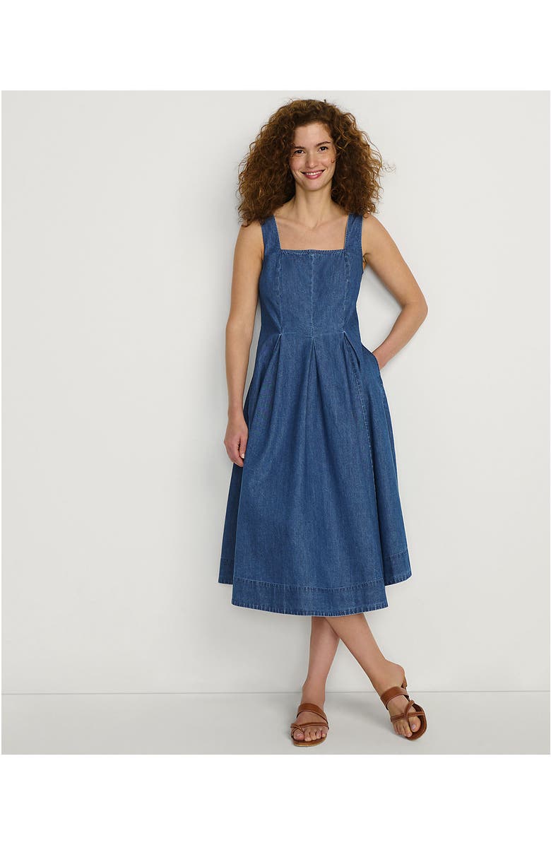 Lands' End Pleated Square Neck Cotton Poplin Midi Dress, Alternate, color, Lima Blue