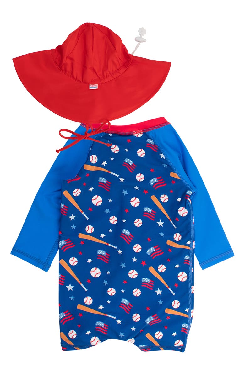 RuggedButts Play Ball One-Piece Rashguard Swimsuit & Hat Set, Alternate, color, 