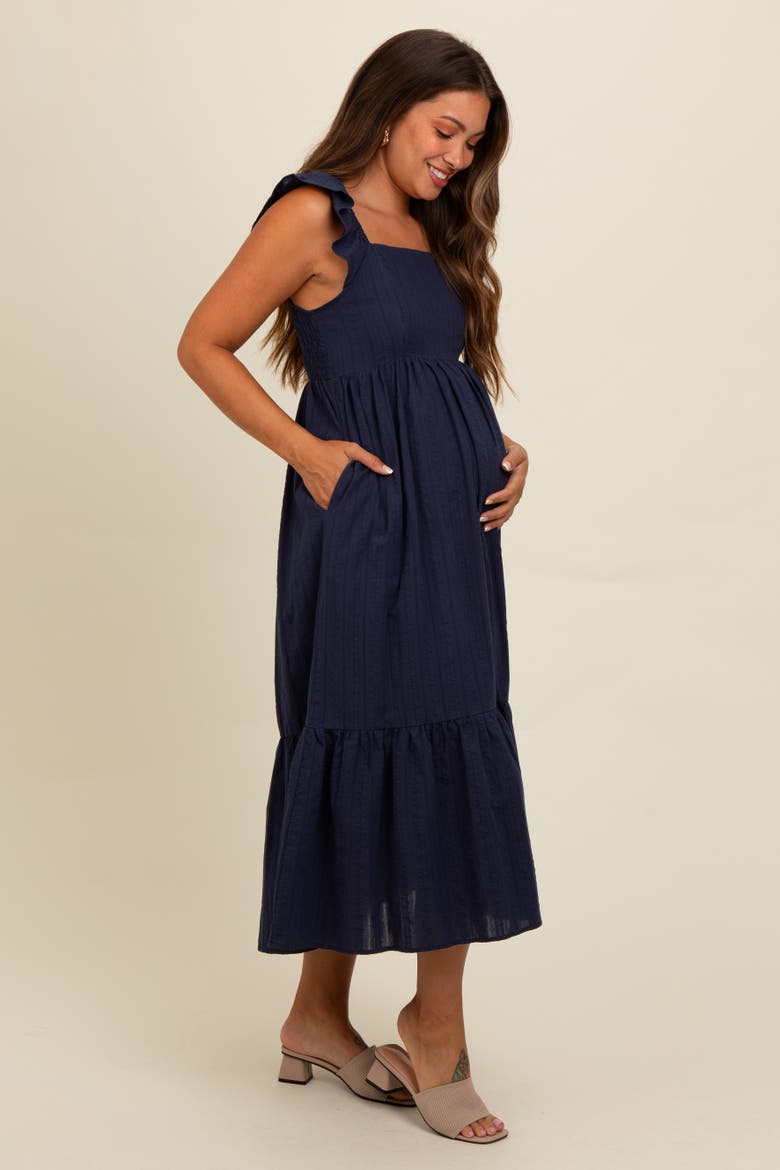 Textured Cotton Ruffle Strap Midi Dress, Alternate, color, Navy Blue