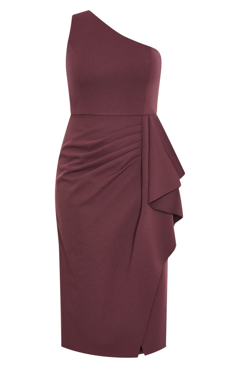 City Chic Priyanka Ruffle One-Shoulder Midi Dress, Alternate, color, Chocolate Cherry
