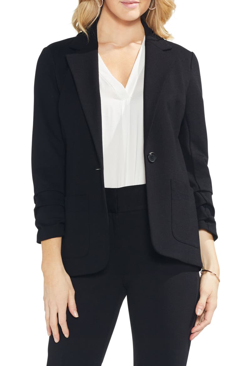 Ruched Sleeve Ponte Blazer, Main, color, RICH BLACK