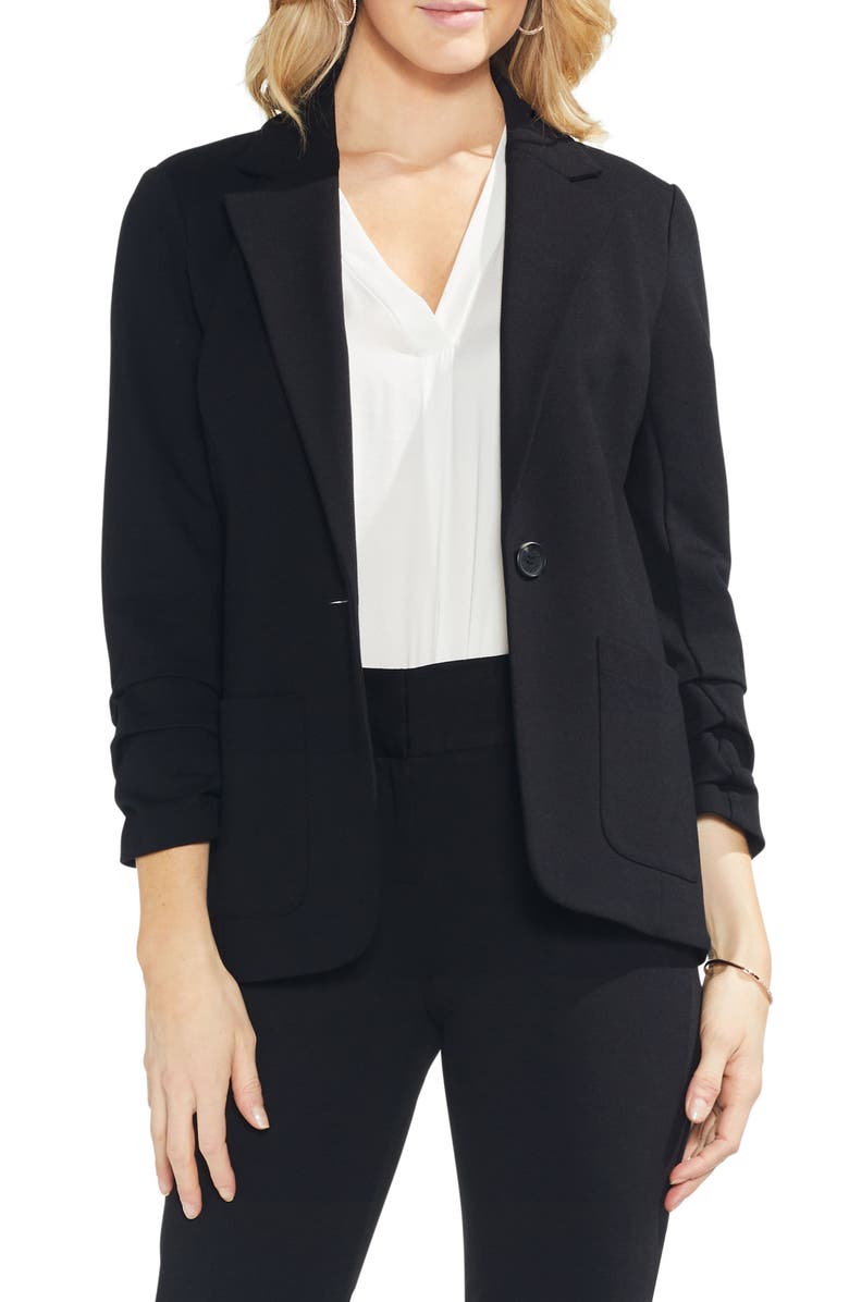 Vince Camuto Ruched Sleeve Ponte Blazer, Main, color, Rich Black