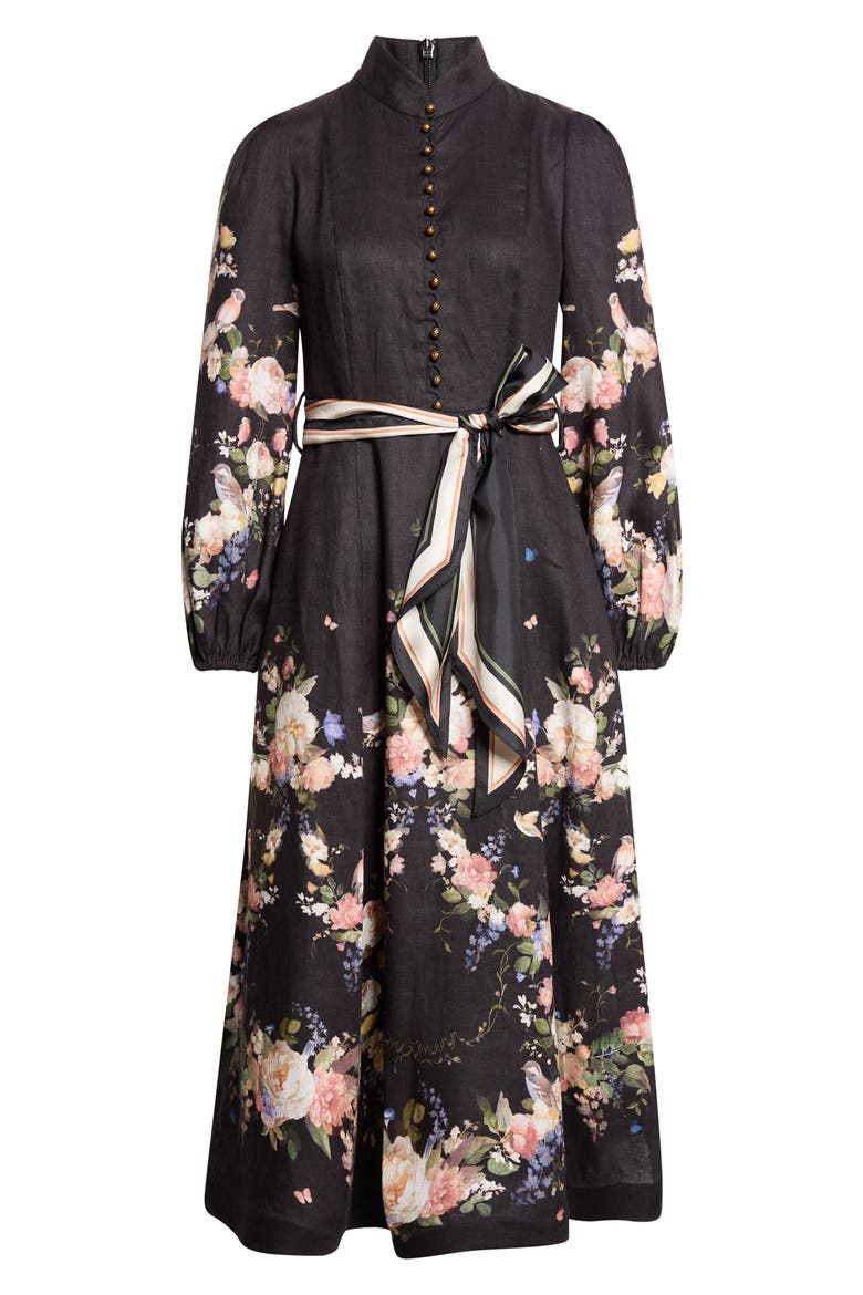 Valiant Floral Long Sleeve Linen Midi Dress, Alternate, color, BLACK BOUQUET