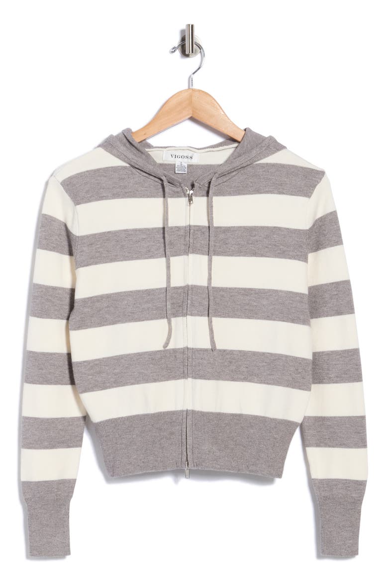 Rugby Stripe Zip-Up Hoodie, Alternate, color, HEATHER GREY/ CREME