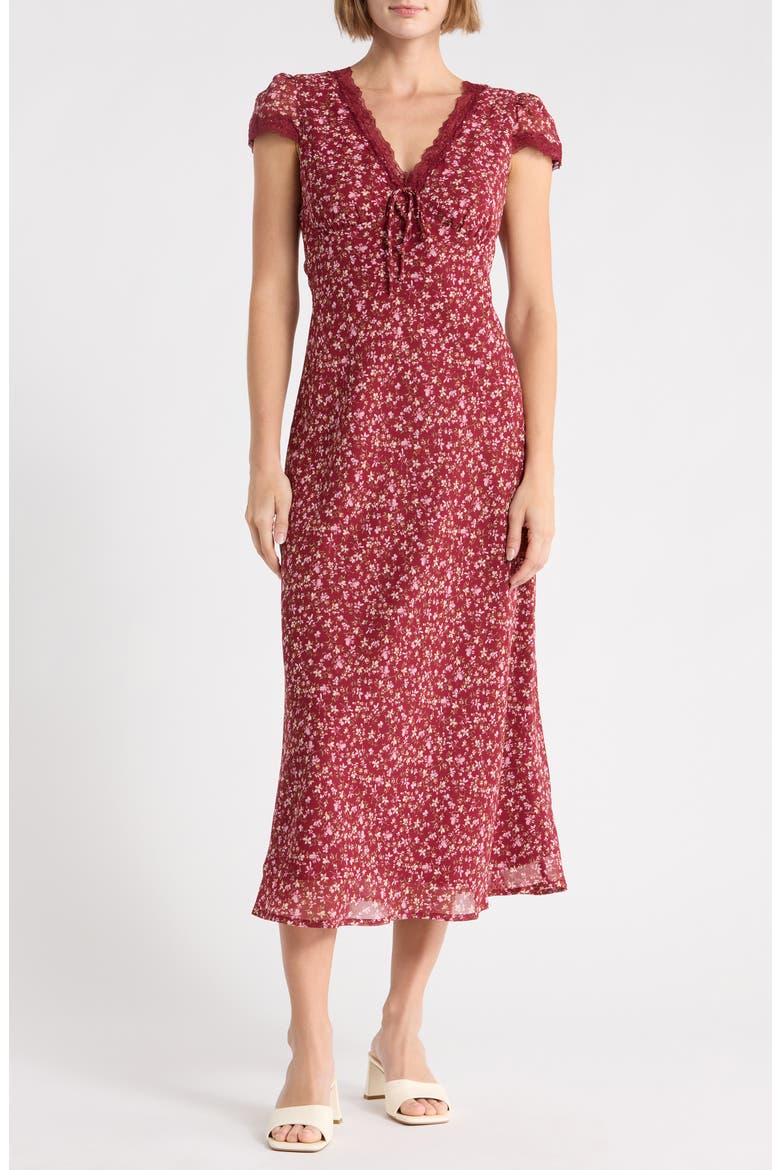 Lace Trim Midi Dress, Main, color, BURGUNDY PINK DITSY