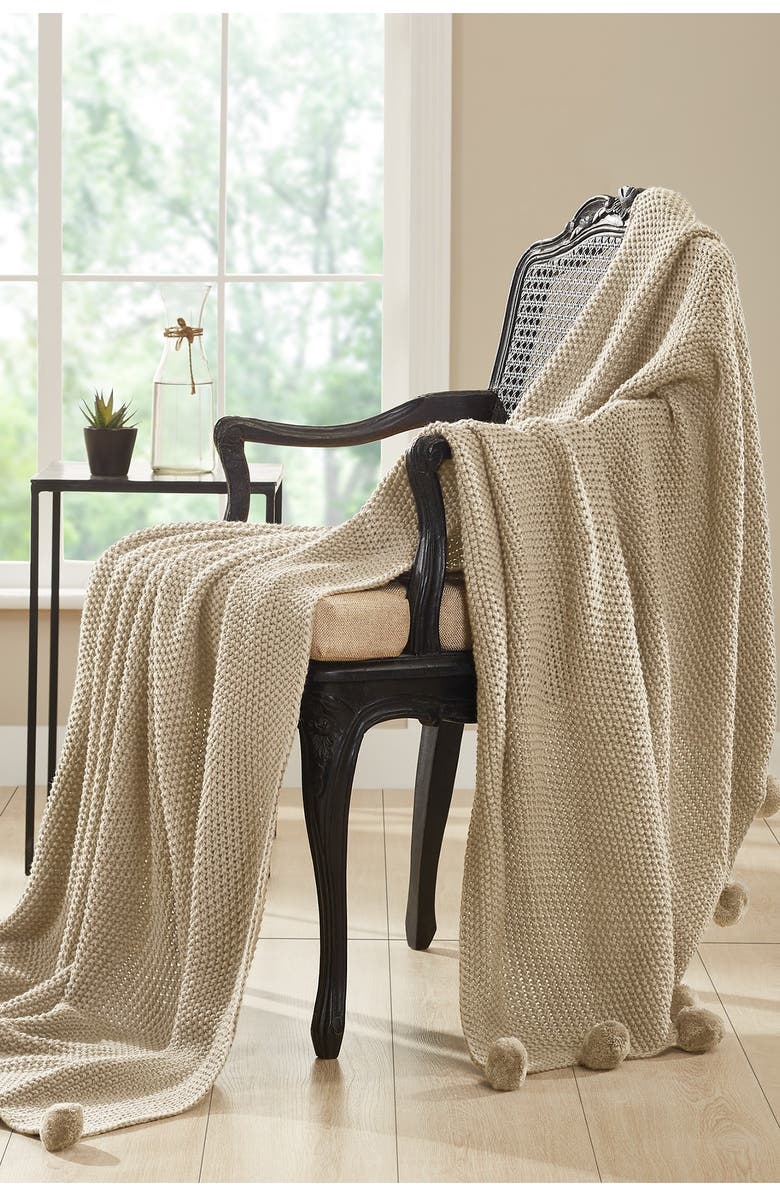 Modern Threads Cable Knit Seed Stitch Pompom Throw - Sand, Alternate, color, 