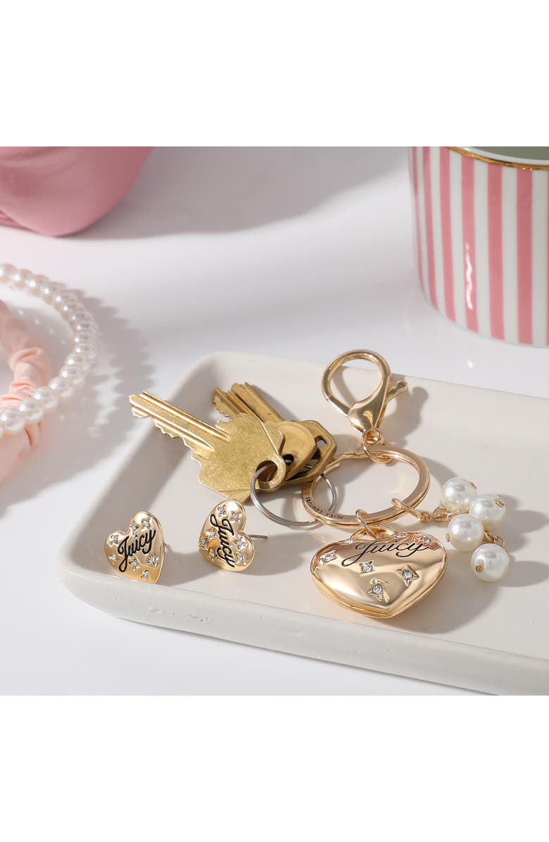 Juicy Couture Heart Keychain & Earring Set with Crystal Accents, Alternate, color, Gold, Silver
