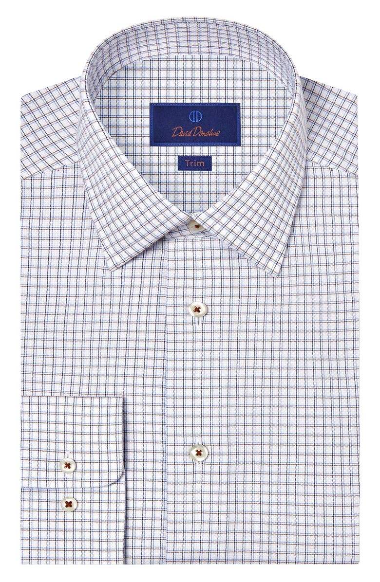 David Donahue Trim Fit Dobby Check Dress Shirt, Main, color, White/ Chocolate