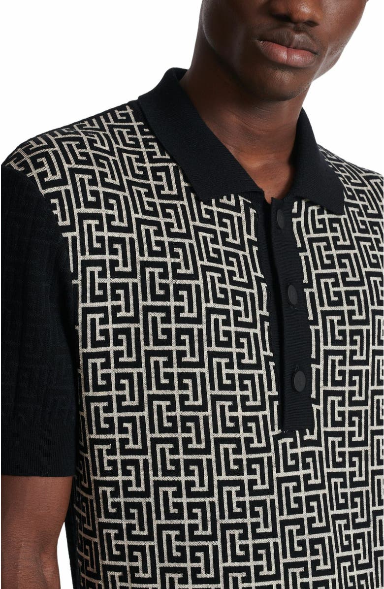 Balmain Monogram Knit Polo Shirt, Alternate, color, Black