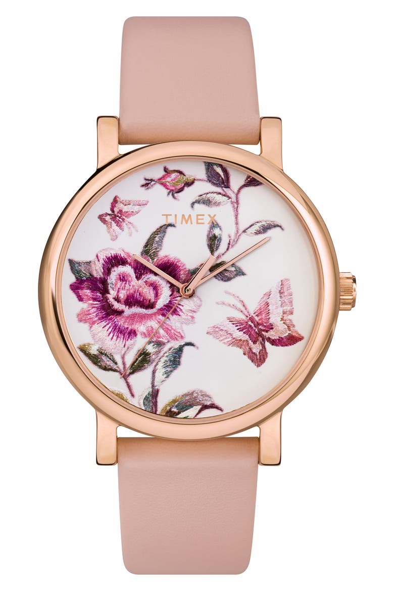 Full Bloom Leather Strap Watch, 38mm, Main, color, PINK/ BLUSH FLORAL/ ROSE GOLD